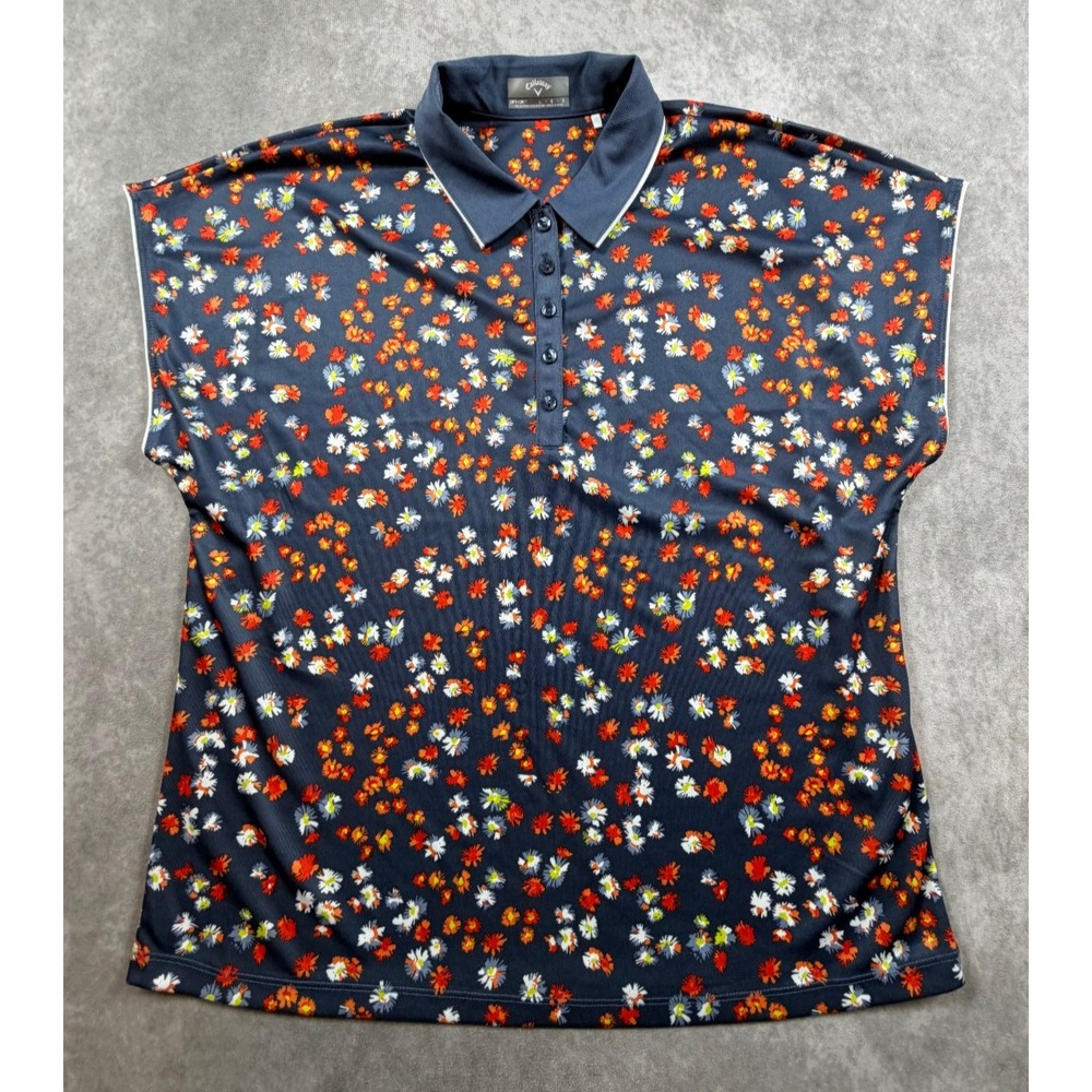 Callaway Womens Large Golf Polo Shirt Navy Floral Opti Dri Cap Sleeve